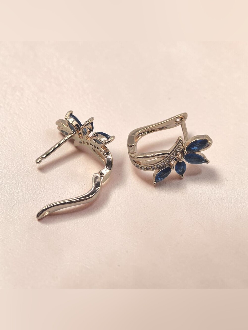 Goldtone Blue Marquise Stone Floral Huggie Earrings